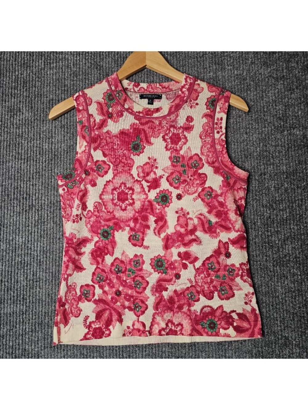 Burberry London sz L Pink Floral Print Sleeveless Pullover 100% Merino Wool